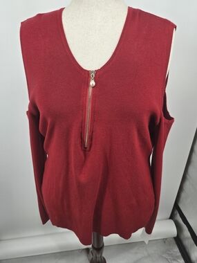 Allure By Julia K Red Scoop Neck Cold-Shoulder Sweater Front Zip Charm 1X NWT